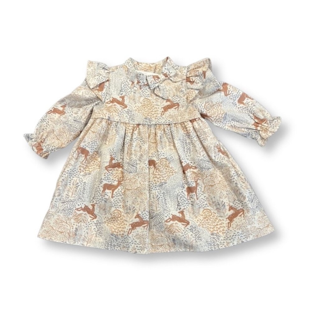 JANIE & JACK CREAM TAN BROWN DEER PRINT LONG SLEEVE TWILL DRESS - Picture 3 of 9